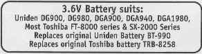 Replaces original Uniden battery BT-900.  Replaces original Toshiba battery TRB-8258